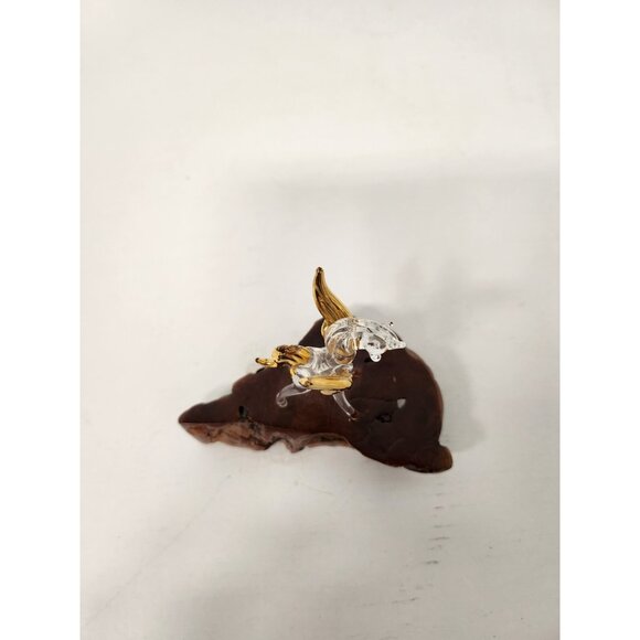 Vintage Crystal Glass Clear Gold Pegasusus Figurine Miniature Wood Pedestal - Picture 3 of 9